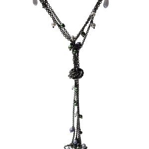 Handcrafted Black Chain Multi Strand Lariat Necklace Green Faux Pearl Beads